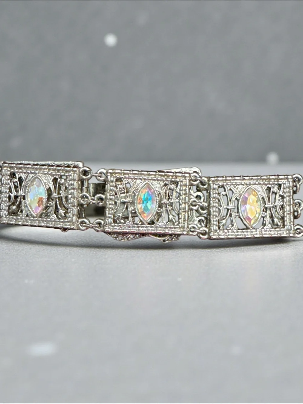 Aurora Borealis Marquise Crystal Filigree Bracelet - Silver Tone
